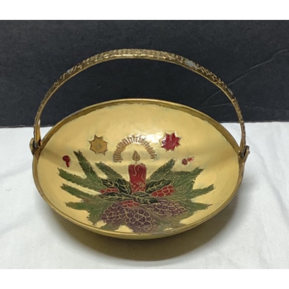 Vintage Brass Cloisonne Enamel Brass Handled Floral Basket Dish Made in India